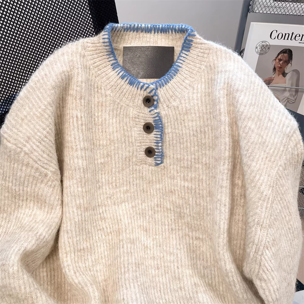 Áo len cổ Henry kiểu dáng gọn gàng kiểu Mỹ dành cho nữ, mùa thu đông, kiểu dáng lười biếng và dày dặn, áo dệt kim dài tay mềm mại.