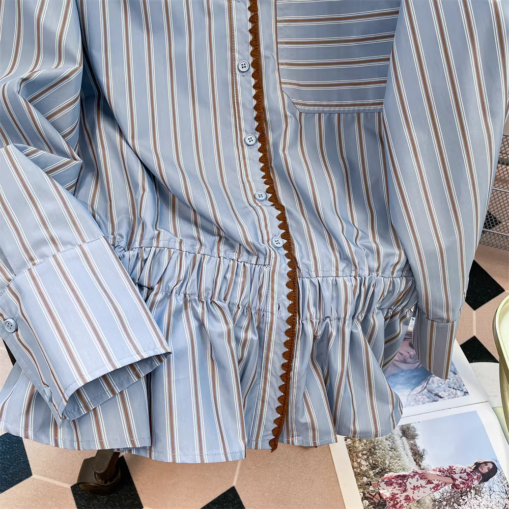 Áo sơ mi sọc xanh kiểu Pháp dành cho nữ, mùa xuân thu, áo sơ mi dài tay cao cấp, sang trọng, độc đáo và độc đáo