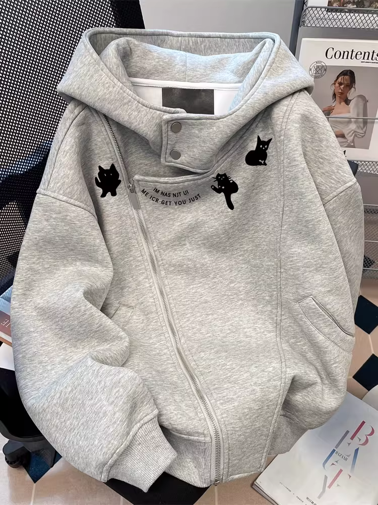 Áo len in hình mèo độc đáo dành cho nữ, phong cách cổ điển sang trọng mùa thu đông phong cách Hồng Kông, áo cardigan ấm áp lót lông cừu