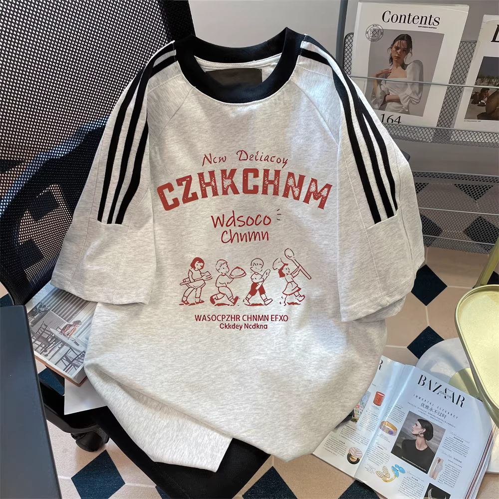 Áo thun ngắn tay có vai thường có ba sọc chắp vá kiểu Nhật dành cho nữ, áo kiểu dáng lười biếng giản dị phong cách cổ điển hợp thời trang mùa hè