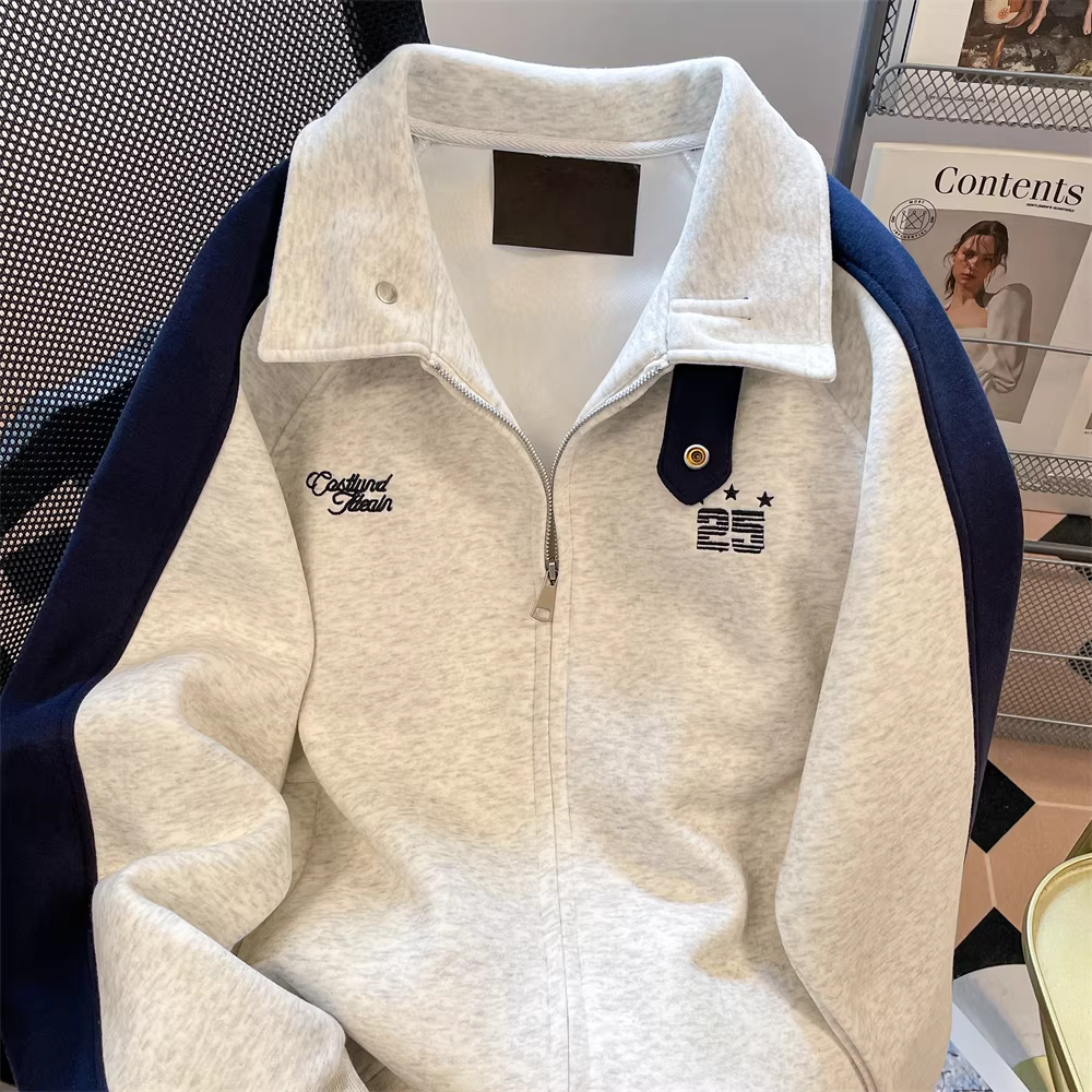 Áo len cardigan cổ đứng kiểu polo phong cách retro preppy dành cho phụ nữ và các cặp đôi, áo khoác raglan phối màu tương phản phong cách Mỹ mùa thu