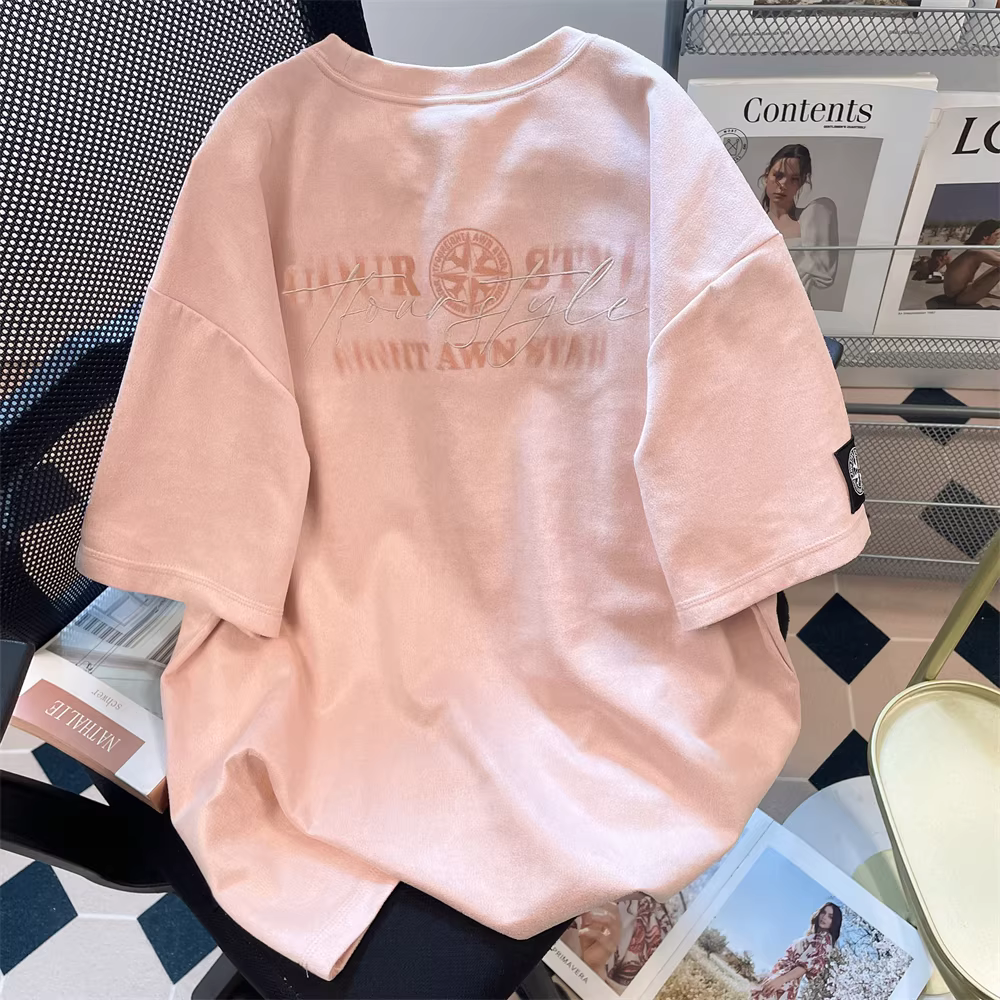 Áo thun ngắn tay thêu chữ da lộn phong cách Mỹ dành cho nữ, áo màu hồng mùa hè dáng rộng đa năng, phong cách thường ngày