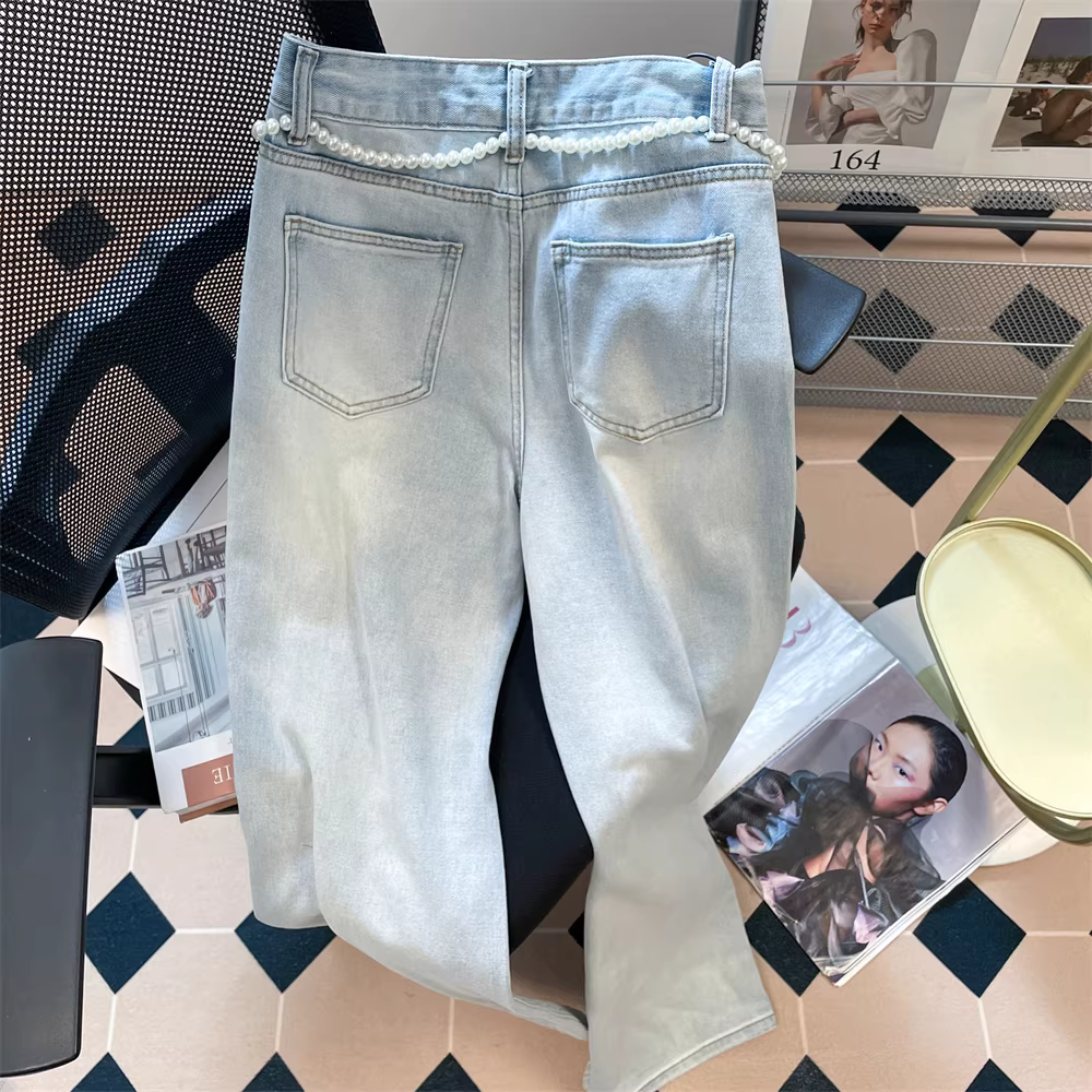 Quần jeans nữ phối ren rách kiểu mới 2025, màu xanh nhạt vintage, cạp cao, dáng ôm, ống rộng, mùa hè