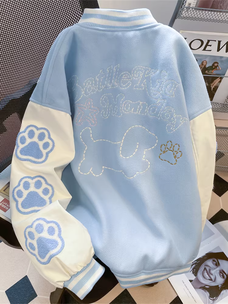 Áo khoác thêu hình bàn chân mèo dễ thương theo phong cách đại học Hàn Quốc dành cho nữ, mùa thu đông thiết kế độc đáo áo khoác độc đáo kiểu đồng phục bóng chày