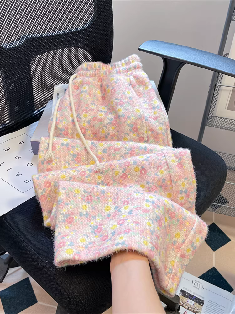 Quần ống rộng mềm mại bằng vải chenille hoa hồng dành cho nữ, quần dài dáng rộng, dáng thẳng, dáng nhỏ nhắn, mặc thường ngày, dài chấm đất, thích hợp cho mùa thu đông