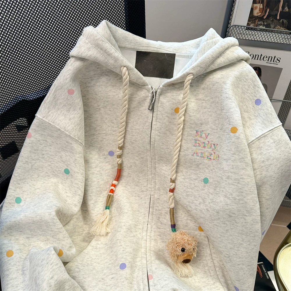 Áo len cardigan họa tiết chấm bi đầy màu sắc phong cách đại học Hàn Quốc dành cho nữ, áo khoác có mũ trùm đầu kiểu Mỹ dáng rộng mùa thu