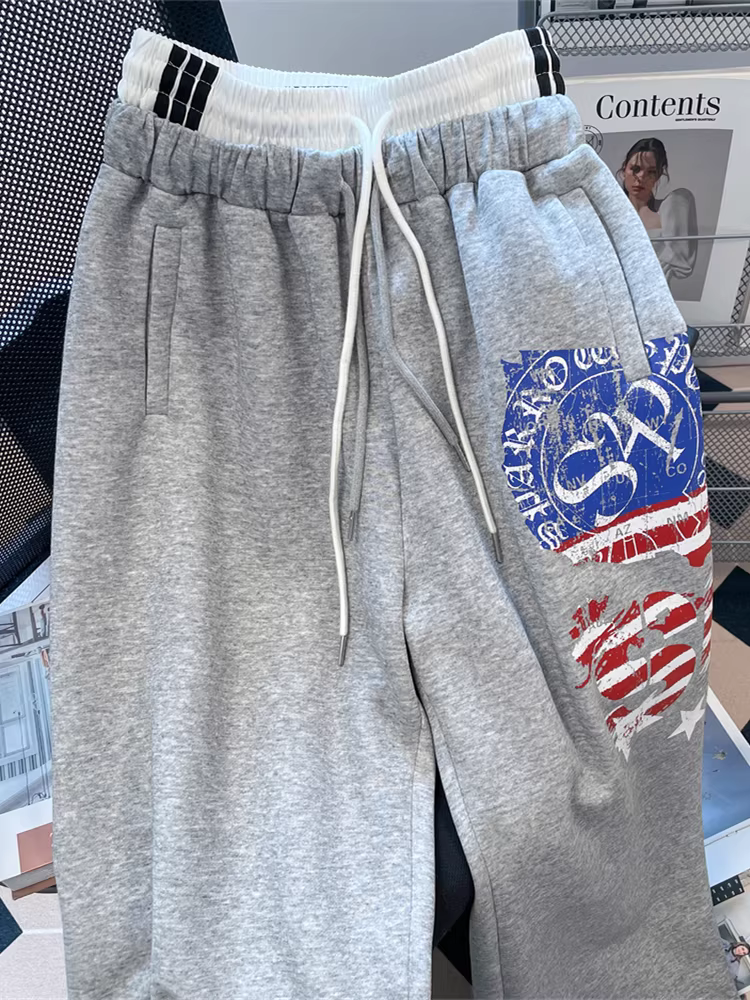 Quần thể thao dây rút hai eo kiểu Mỹ dành cho nữ, quần ống rộng đa năng phong cách cổ điển mùa thu