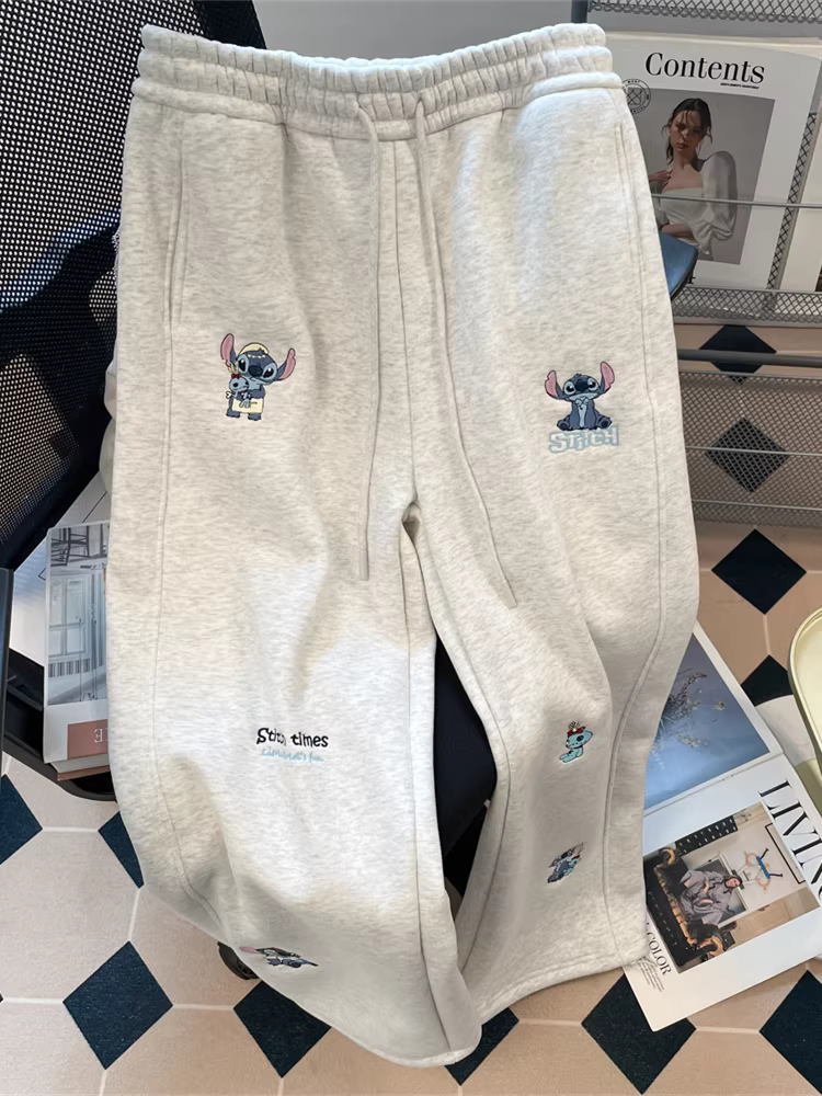 Quần ống rộng thêu kiểu Hàn Quốc giảm tuổi tác hợp thời trang dành cho nữ, quần thể thao ống rộng có lót lông cừu dày dặn mùa thu đông