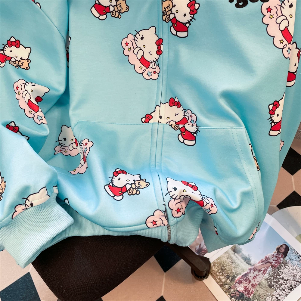Áo khoác có mũ trùm đầu in hình mèo kitty dễ thương dành cho nữ, áo khoác có mũ trùm đầu có khóa kéo hai lớp màu sắc cổ điển theo xu hướng quốc gia mùa thu
