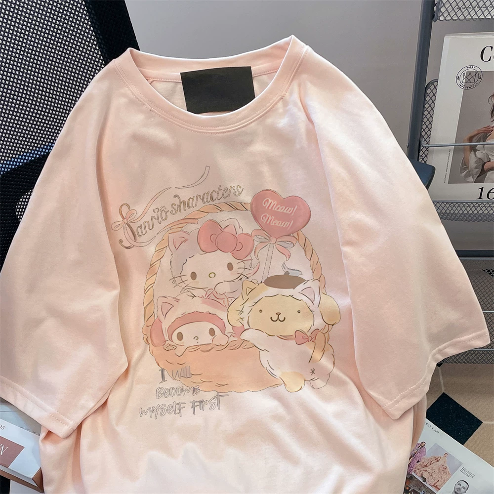 Áo thun ngắn tay màu hồng dễ thương bằng cotton nguyên chất dành cho nữ trong mùa hè, kiểu dáng cổ điển rộng rãi, áo nửa tay trẻ trung và hợp thời trang.