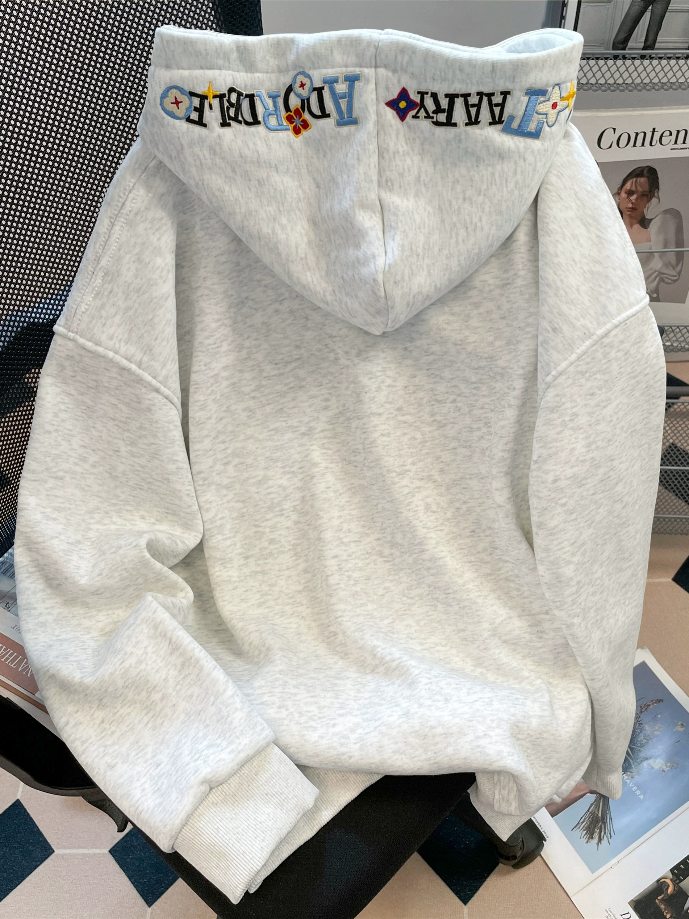 Áo khoác hoodie dáng rộng thêu chữ kiểu Mỹ dành cho nữ, mặc cặp đôi mùa thu đông, áo nỉ đa năng cỡ lớn