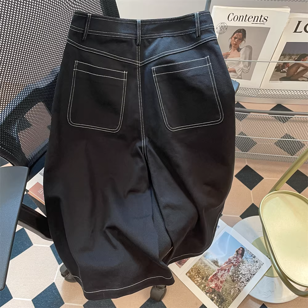 Quần jean ngắn phối màu kiểu sao, dáng rộng, chất liệu denim, phong cách retro Mỹ, mùa hè, dành cho nữ cỡ lớn, tôn dáng.