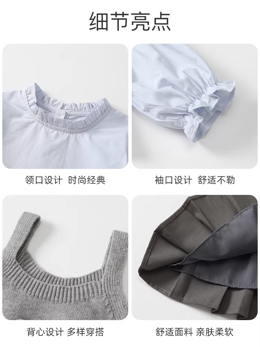 Bộ trang phục phong cách preppy cho bé gái mùa thu 2025, thời trang mới, chân váy xếp ly trẻ em, bộ ba món mùa xuân thu