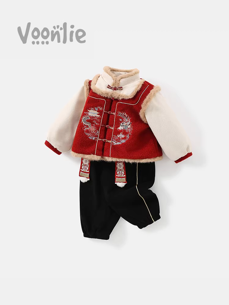 Bộ đồ Hanfu dành cho bé trai Quần áo mùa đông dành cho trẻ em phong cách truyền thống Trung Quốc có lót lông cừu bằng vải cotton Tang phù hợp với trẻ sơ sinh một tuổi trang phục trang trọng lễ kỷ niệm sinh nhật trang phục năm mới