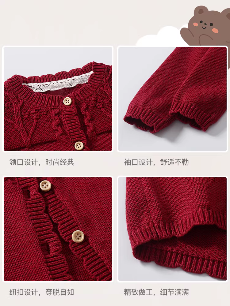 Áo len dệt kim bé gái Fanhai, thời trang xuân thu, áo khoác trẻ em, mẫu mới 2025, màu đỏ, đa năng