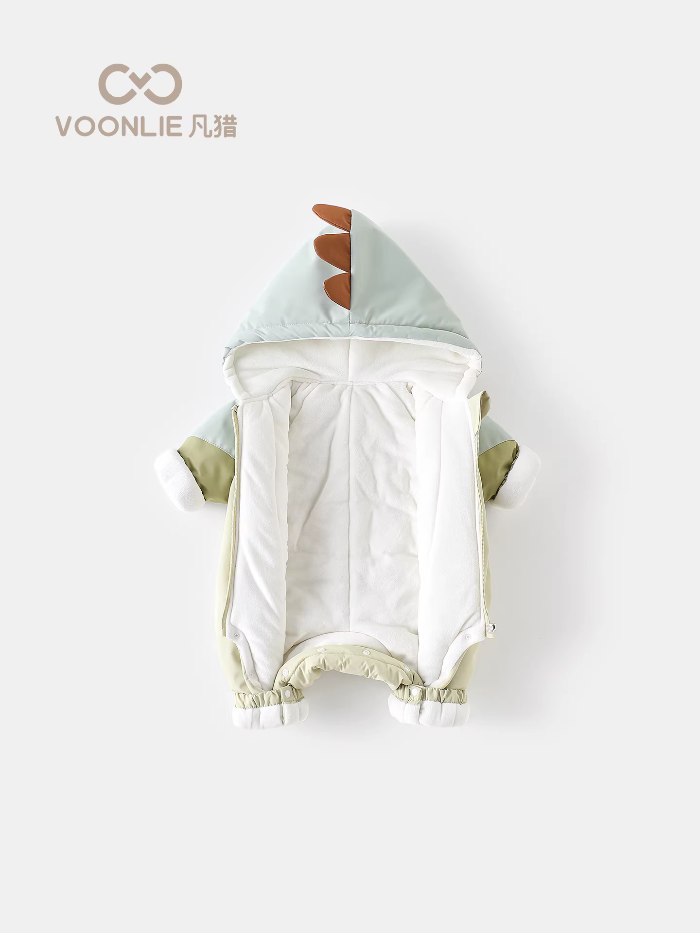 Quần áo trẻ em, quần áo mùa đông, bộ liền thân lót lông cừu và may chần cho bé trai sơ sinh, bộ liền thân có mũ trùm đầu giữ ấm khi đi chơi ngoài trời cho bé một tháng tuổi.