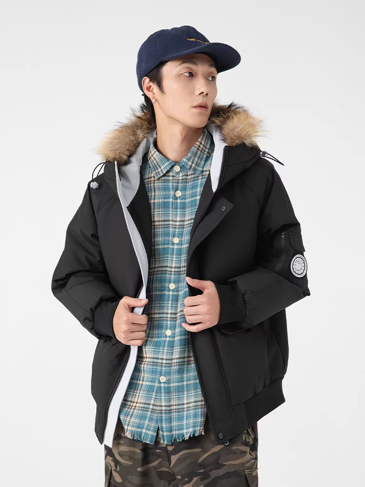 Áo khoác phao có mũ trùm đầu, cổ lông vũ, chất liệu lông vũ trắng 90%, dành cho nam và nữ, thương hiệu thời thượng, chống lạnh và giữ ấm, kiểu dáng cặp đôi, thương hiệu Wukong.