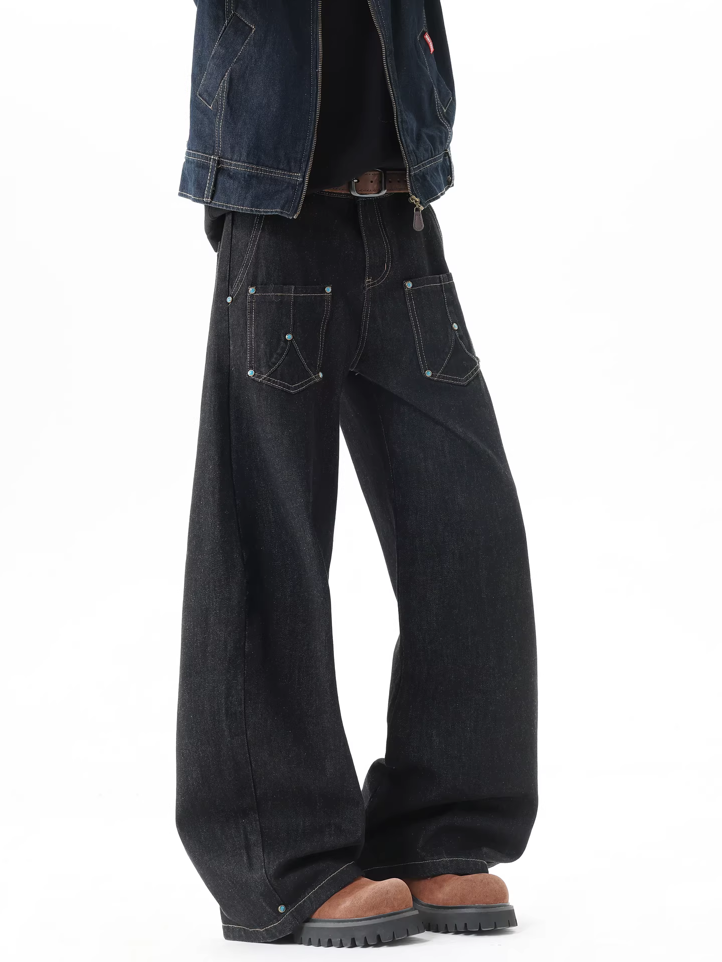 Wukong có sẵn quần jean kiểu dáng túi hộp thời thượng phong cách Mỹ dành cho nam và nữ, quần dài ống rộng đa năng kiểu vintage.