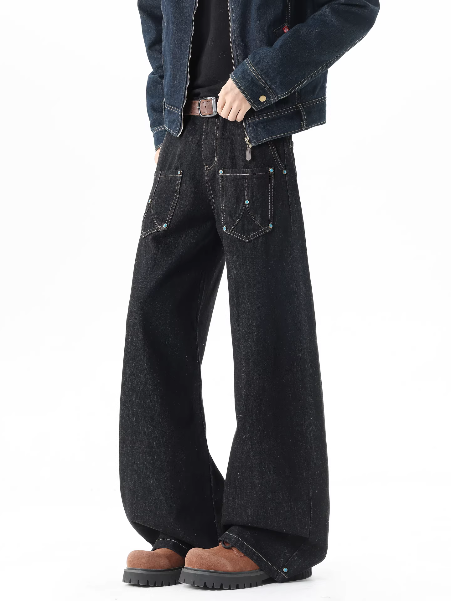 Wukong có sẵn quần jean kiểu dáng túi hộp thời thượng phong cách Mỹ dành cho nam và nữ, quần dài ống rộng đa năng kiểu vintage.