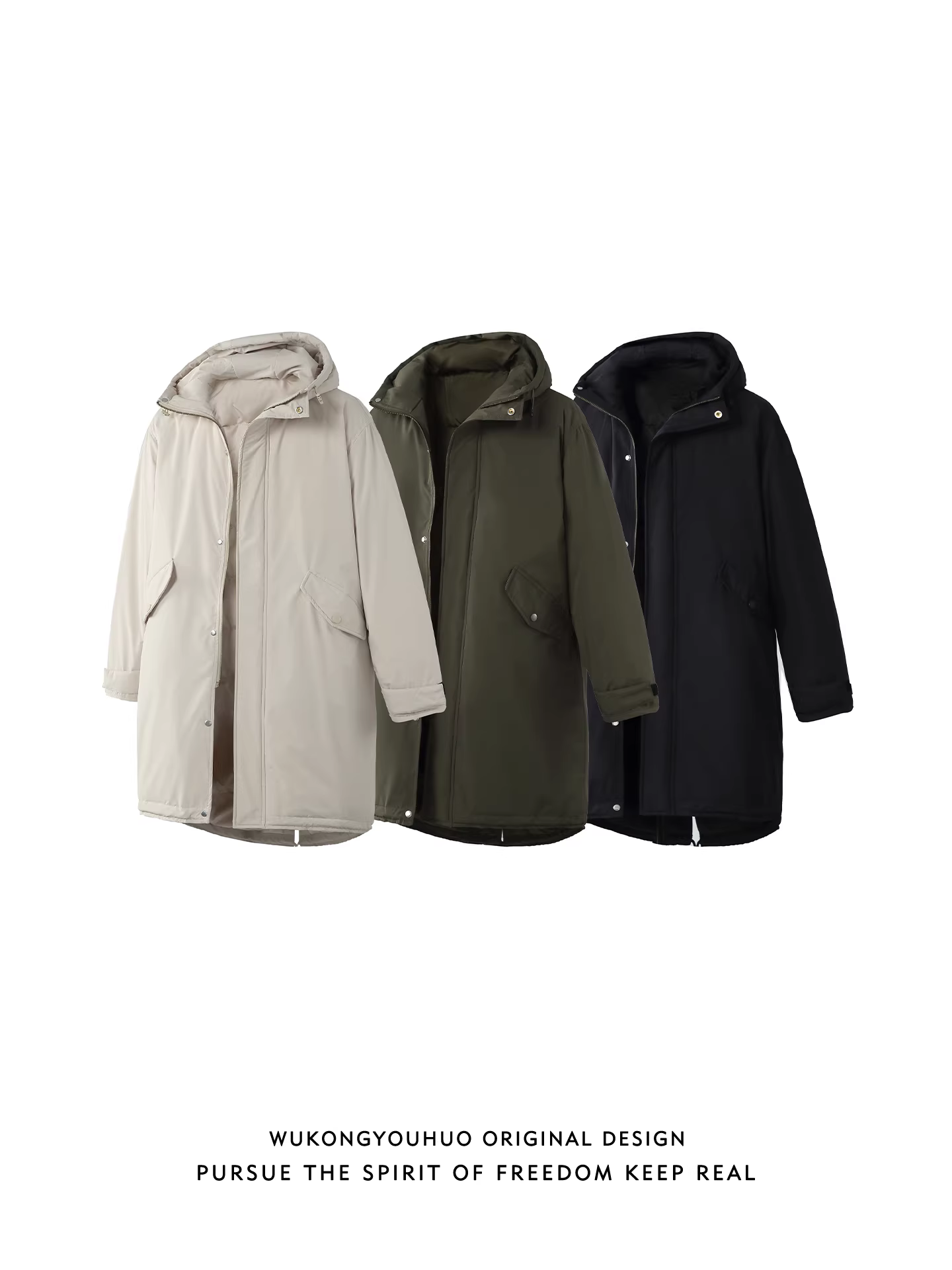 Wukong có sẵn áo khoác phao có mũ trùm đầu kiểu retro thời thượng, dài trung bình, dành cho nam và nữ, phong cách Nhật Bản mùa đông, 90% lông vũ trắng, giữ ấm.