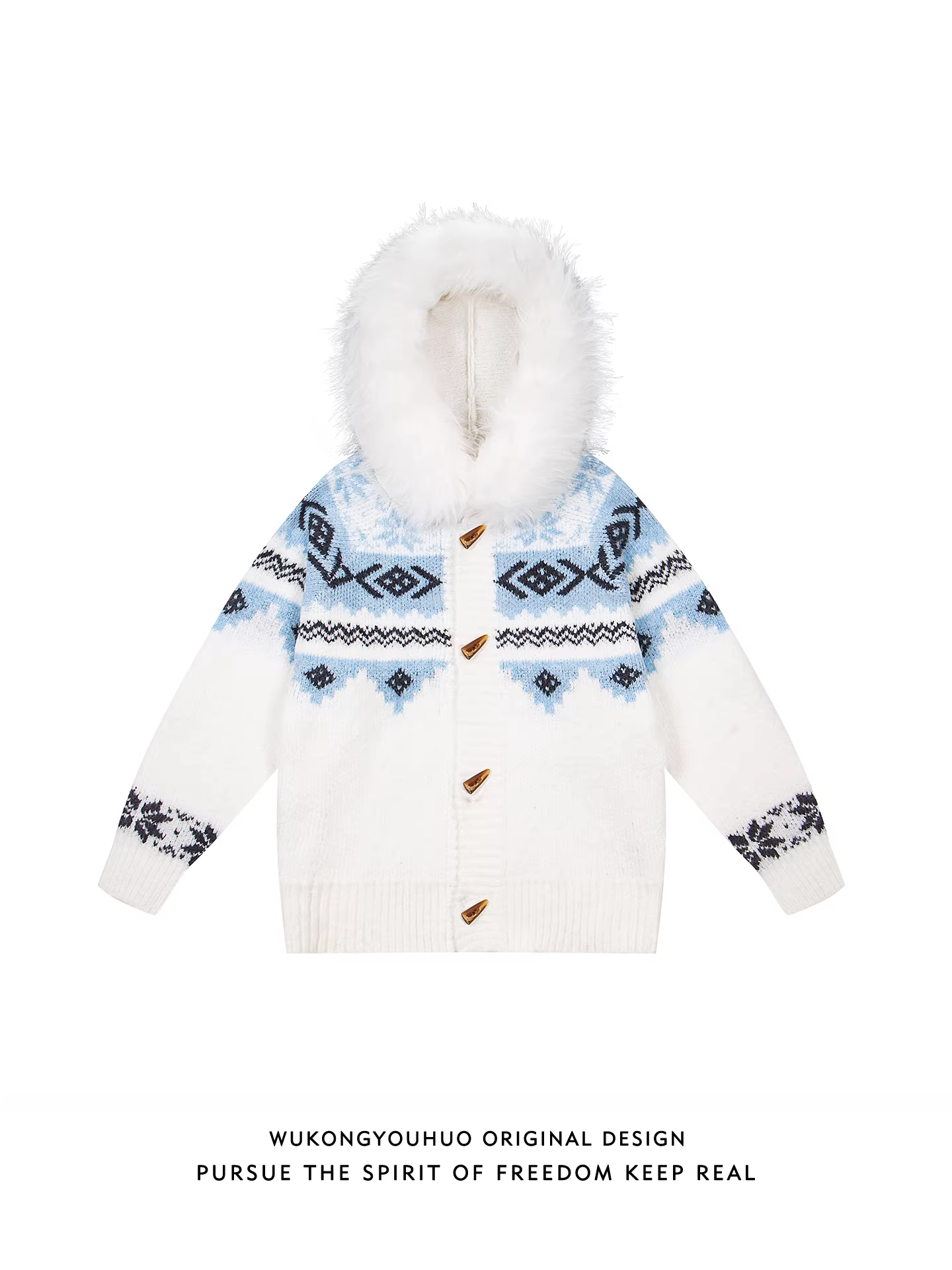 Wukong có sẵn áo len nam cổ lông tháo rời kiểu cổ điển mùa đông, chất liệu len Fair Isle, thương hiệu thời thượng, dáng rộng, kiểu cardigan cài nút.