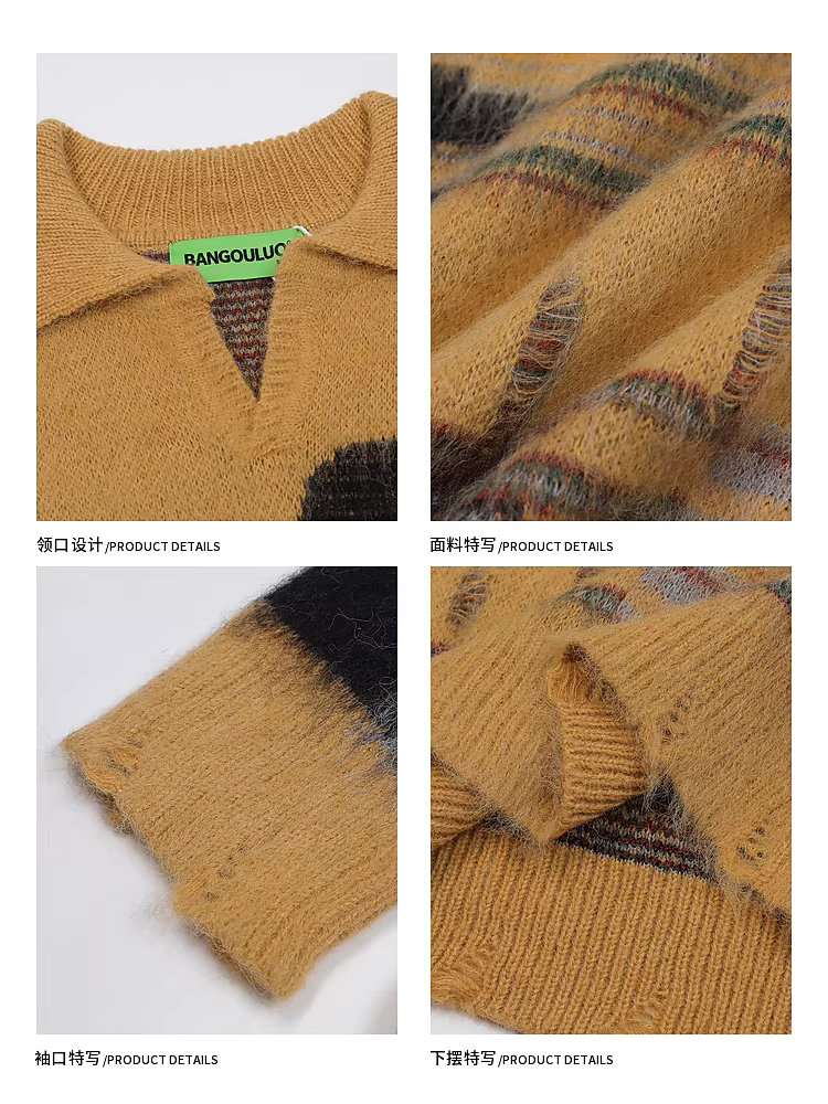 Wukong có sẵn áo len nam thiết kế phối màu retro Nhật Bản, kiểu dáng mùa thu đông, phong cách lười biếng, áo len cặp đôi rách cá tính.