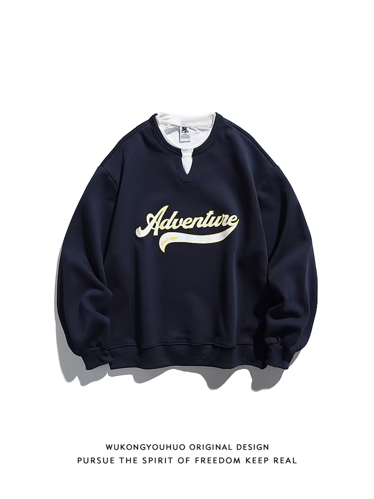 Wukong có sẵn áo sweatshirt nam cổ tròn giả hai lớp in chữ cổ điển, kiểu dáng thời thượng mùa thu, áo len rộng rãi dành cho cặp đôi.