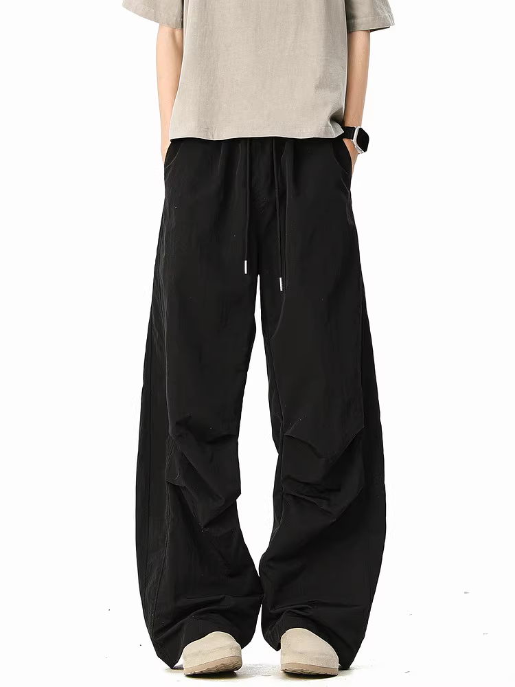 Ngộ Không có sẵn quần parachute ống đứng kiểu Mỹ thời thượng, chất liệu nhăn, dành cho nam, phong cách vintage mùa xuân, dáng rộng, đa năng.