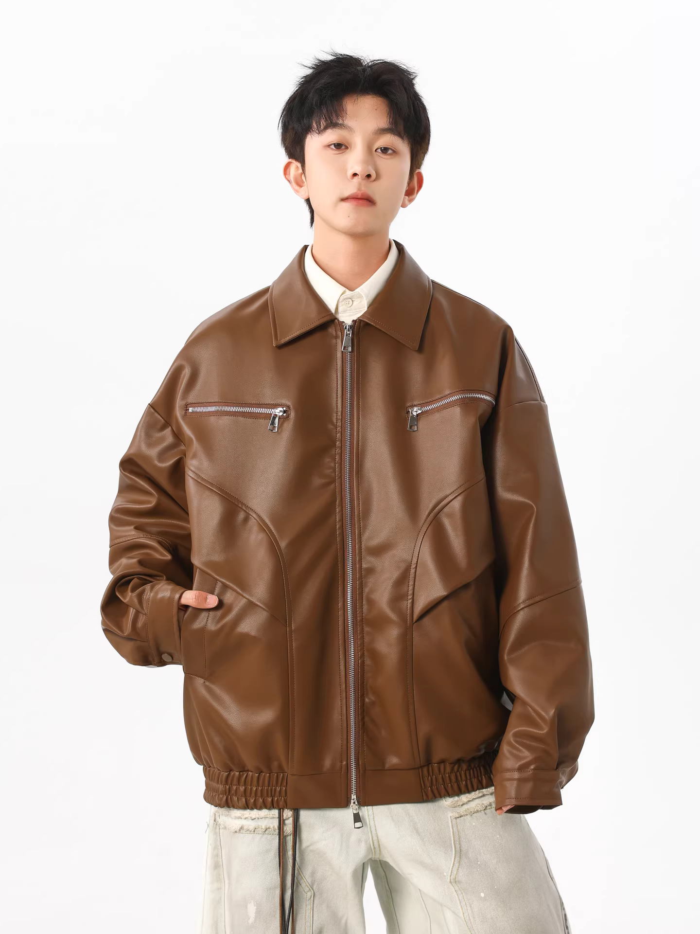 Wukong có sẵn áo khoác da PU kiểu Mỹ cổ điển Melard dành cho nam, thương hiệu thời thượng, thiết kế khóa kéo cá tính và phong cách.