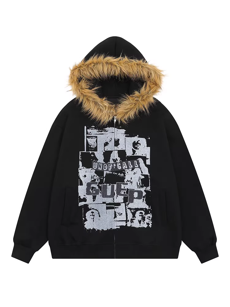 Wukong có sẵn áo khoác cardigan có mũ trùm đầu, cổ lông, in họa tiết hip-hop Âu Mỹ dành cho nam và nữ, áo khoác cặp đôi phong cách đường phố thời thượng, thoải mái.