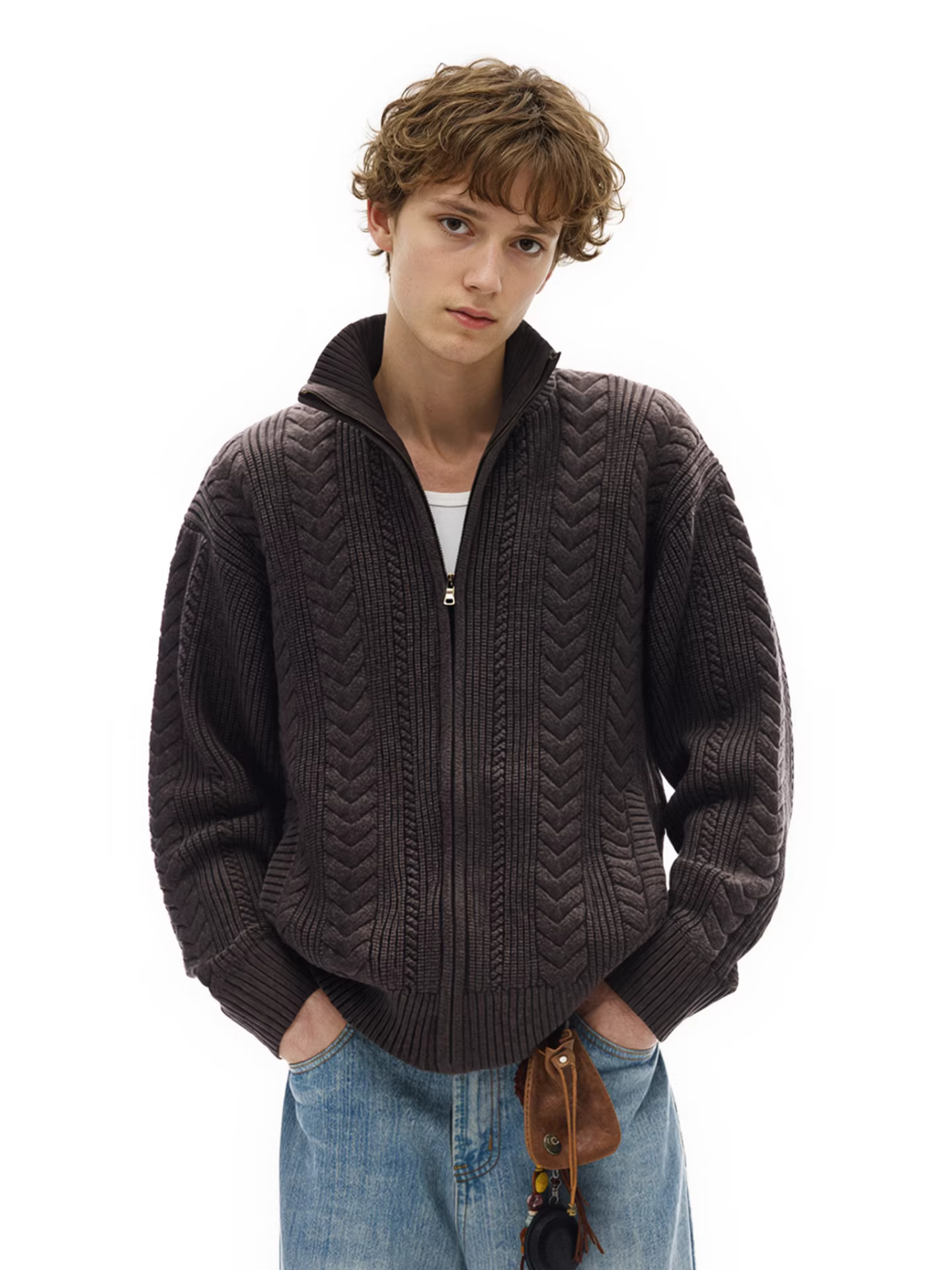 Wukong có sẵn áo len cardigan cổ đứng kiểu Mỹ cổ điển, dệt xoắn, dành cho nam, áo khoác dệt kim rộng rãi, thời trang, dành cho cặp đôi.