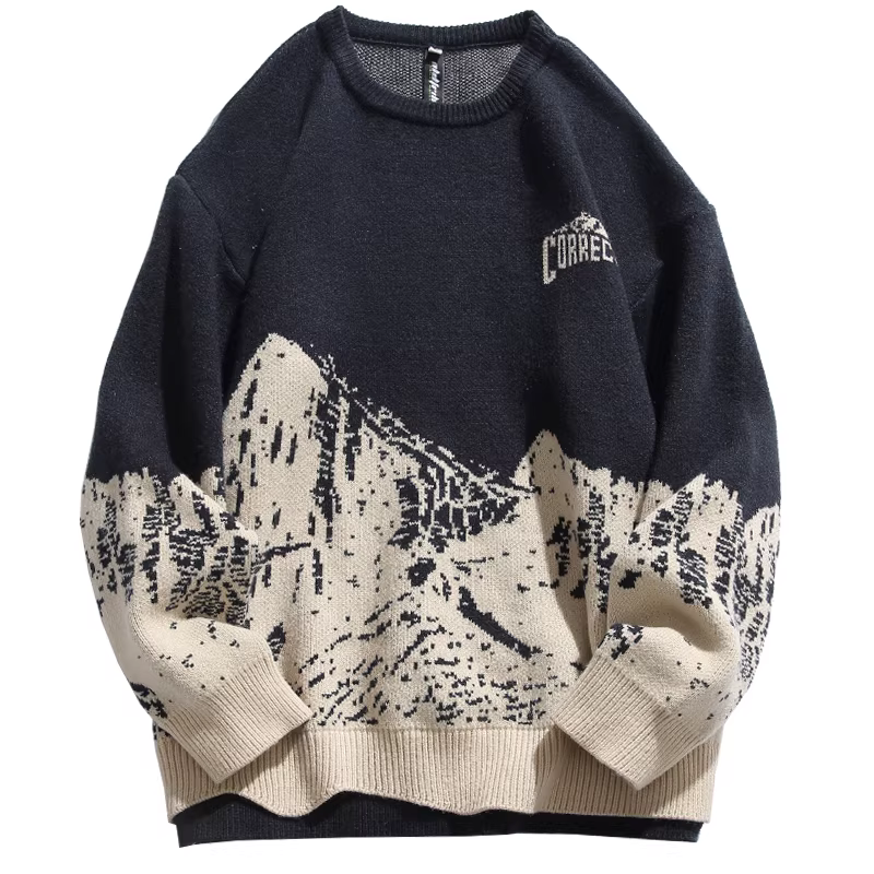 Wukong có sẵn áo len cổ tròn họa tiết núi tuyết cổ điển Nhật Bản dành cho nam, thương hiệu thời thượng, dáng rộng, áo dệt kim đa năng dành cho cặp đôi.