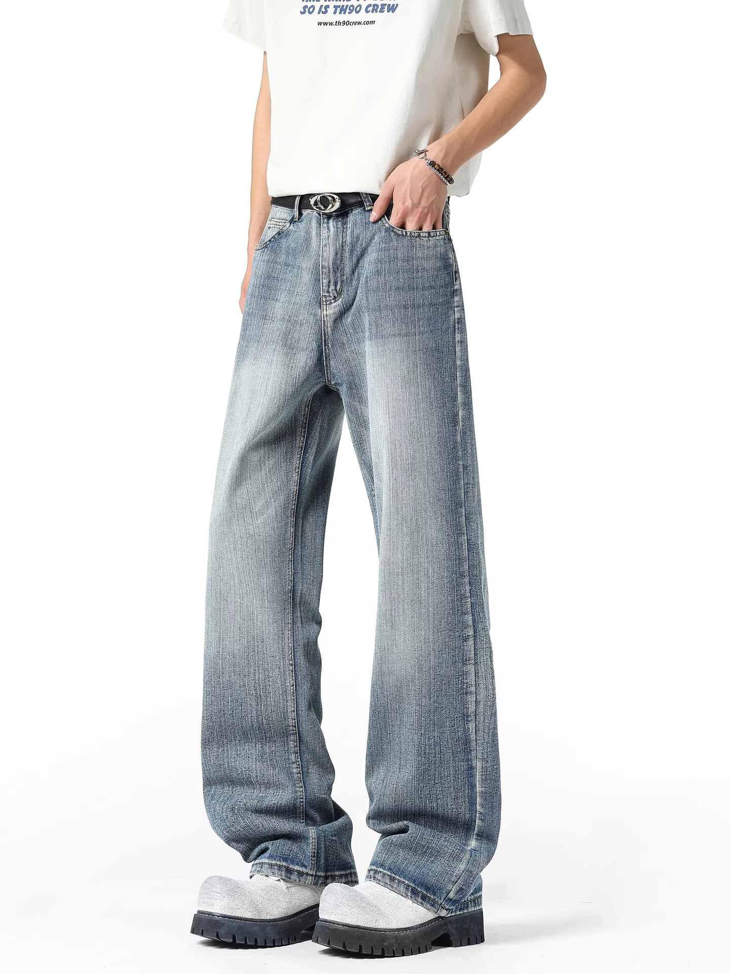 Wukong có sẵn quần jean ống đứng chất liệu vải tre đã qua xử lý, kiểu dáng thời thượng dành cho nam và nữ, quần ống rộng đa năng, phong cách đường phố, dài chấm đất.