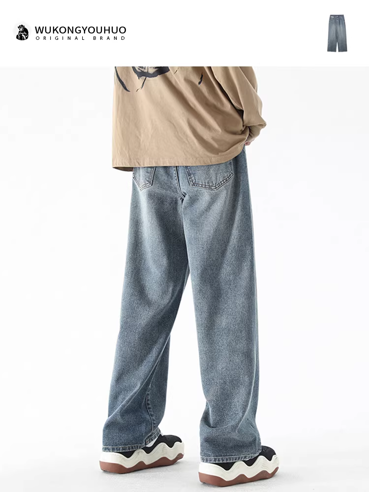 Ngộ Không có sẵn quần jean nam ống đứng kiểu vintage, phong cách đường phố, quần dài rộng rãi đa năng.