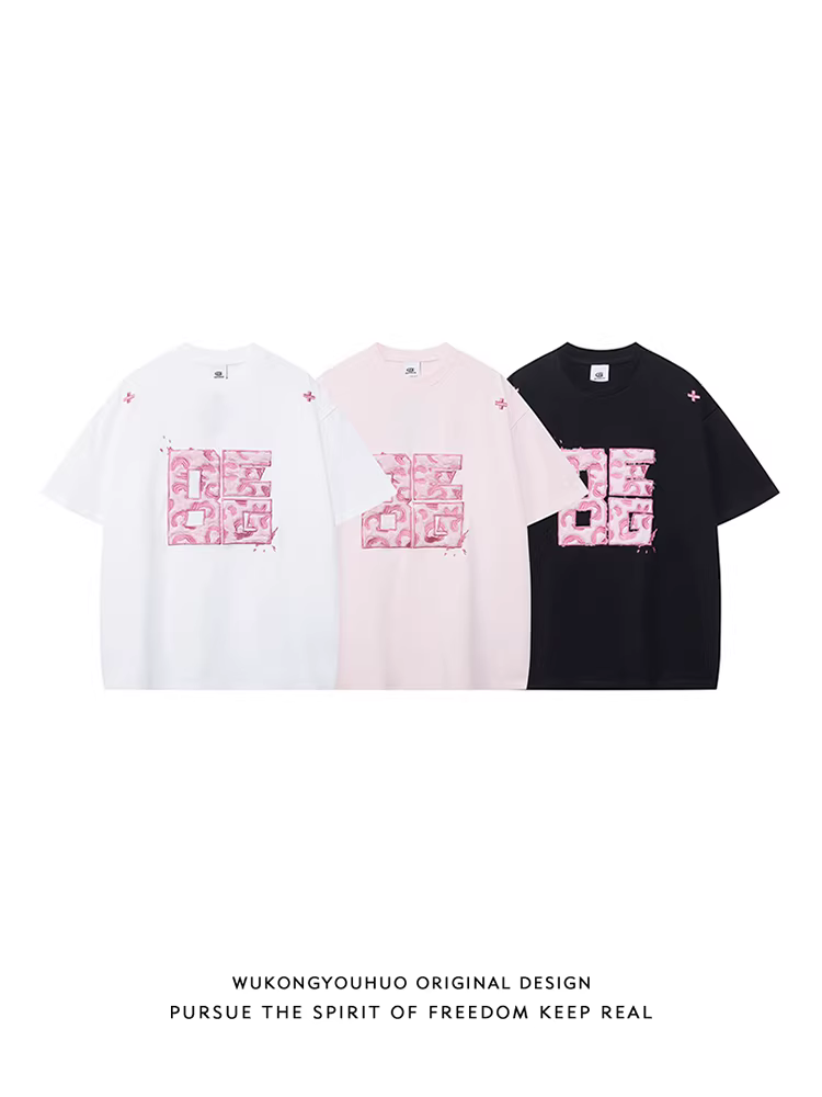Wukong có sẵn áo thun ngắn tay thêu họa tiết phong cách Mỹ thời thượng dành cho nam và nữ, áo cặp mùa hè mới, dáng rộng, đa năng.