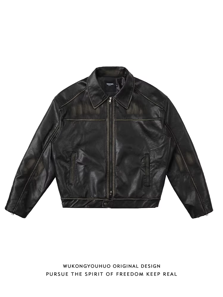 Wukong có sẵn áo khoác da kiểu Mỹ cổ điển, phong cách cũ kỹ dành cho nam và nữ, kiểu dáng hộp, ngắn, áo khoác biker thường ngày.