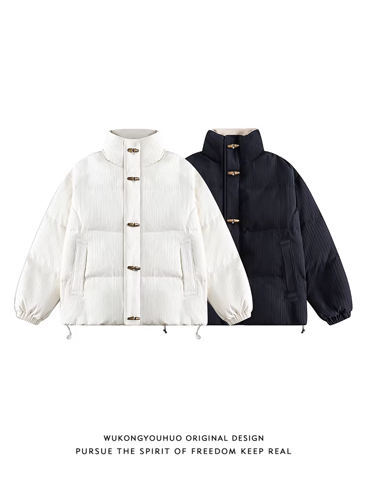 Áo khoác phao cổ đứng màu trơn, kiểu dáng cổ điển, có khuy cài, dành cho nam và nữ, thương hiệu thời trang, dáng rộng, ấm áp, có sẵn trong kho.