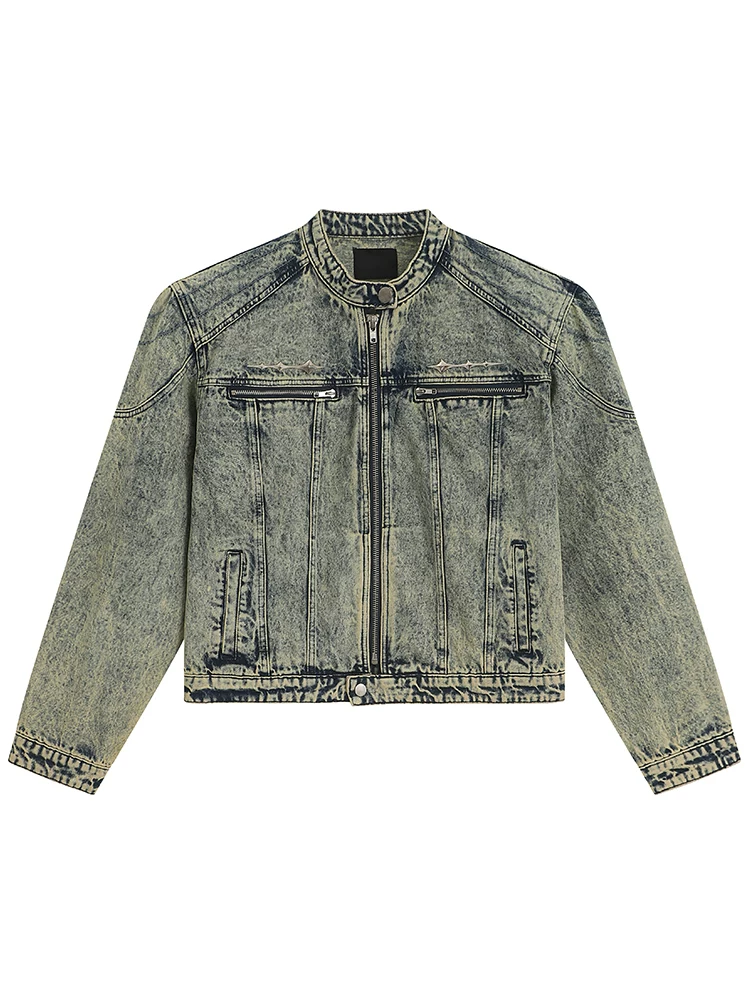 Wukong có sẵn áo khoác denim ngắn kiểu Mỹ đã qua xử lý, có đệm vai dành cho nam, áo khoác biker thời thượng phong cách đường phố, áo khoác thiết kế phá cách.