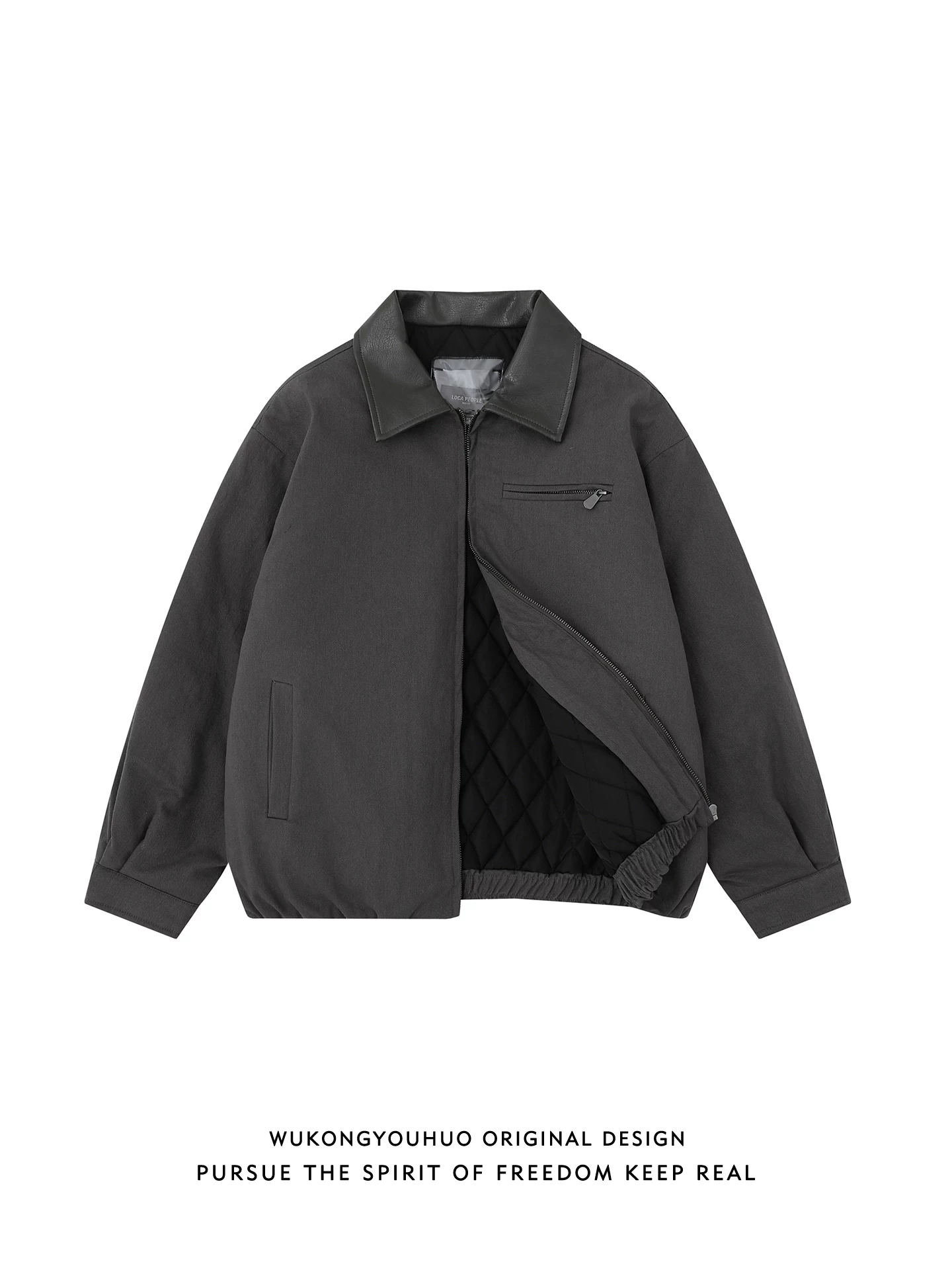 Áo khoác công sở mùa đông kiểu cổ điển chất liệu PU của Wukong dành cho nam, thương hiệu thời thượng, dáng rộng, áo khoác đa năng phong cách cặp đôi.