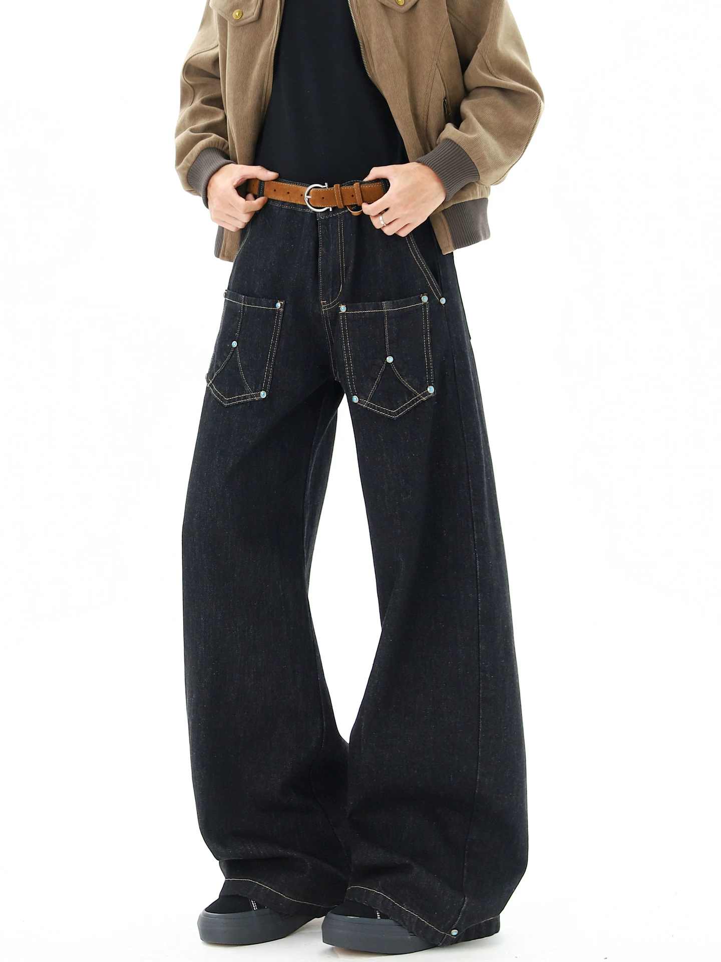 Ngộ Không có sẵn quần jean ống thẳng kiểu Mỹ thời thượng dành cho nam và nữ, quần ống rộng đa năng kiểu vintage, dáng rộng.