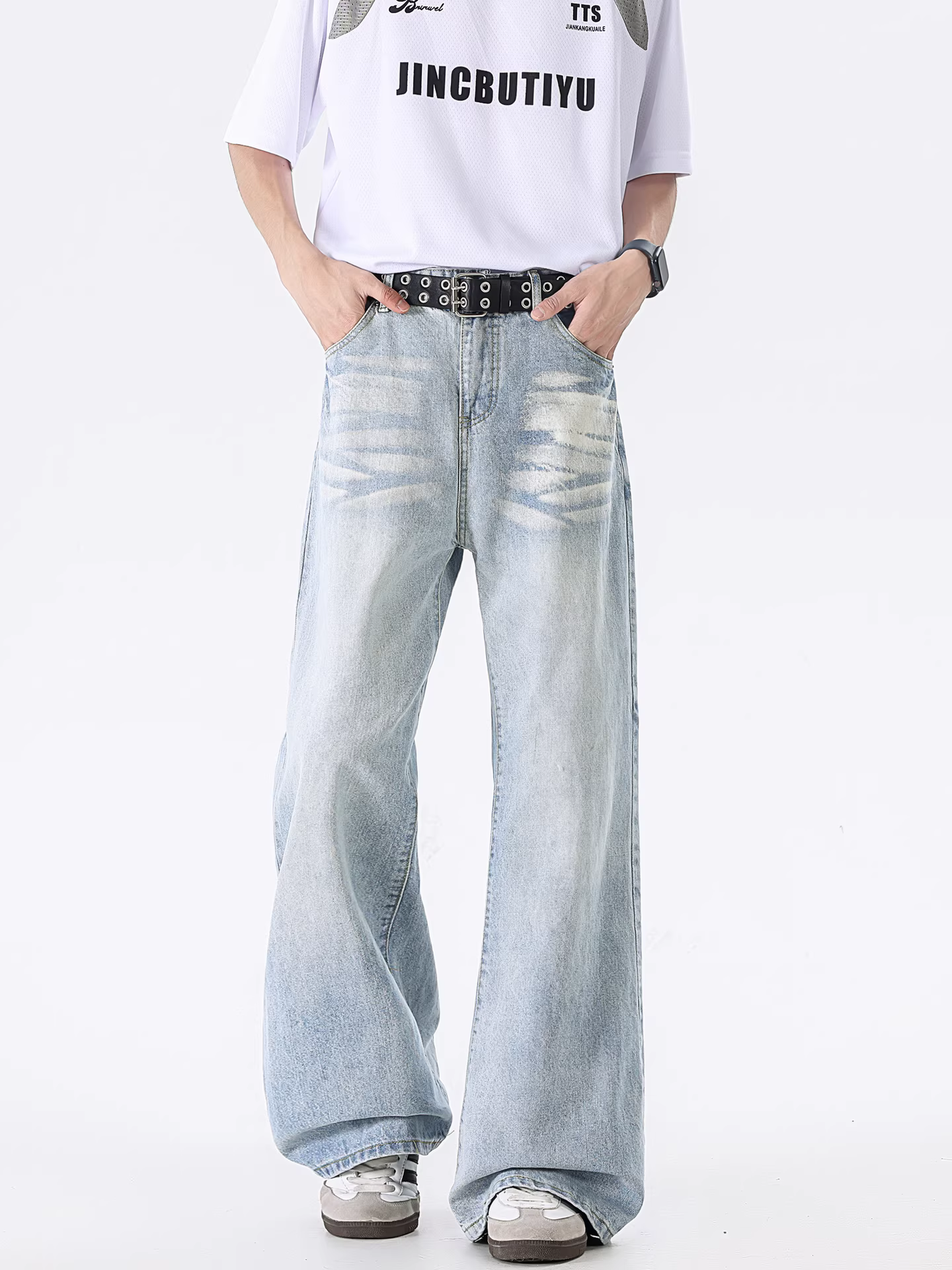 Ngộ Không có sẵn quần jean nam ống thẳng phong cách Mỹ, kiểu dáng vintage, chất liệu washed, rách cá tính, quần ống rộng đa năng, phong cách đường phố.