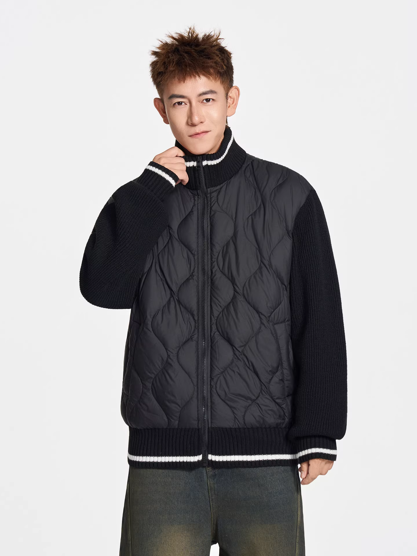 Wukong có sẵn áo khoác phao cổ đứng phối len dệt kim thời trang mùa đông dành cho nam và nữ, 90% lông vũ vịt, ấm áp, nhẹ, áo khoác ngắn.