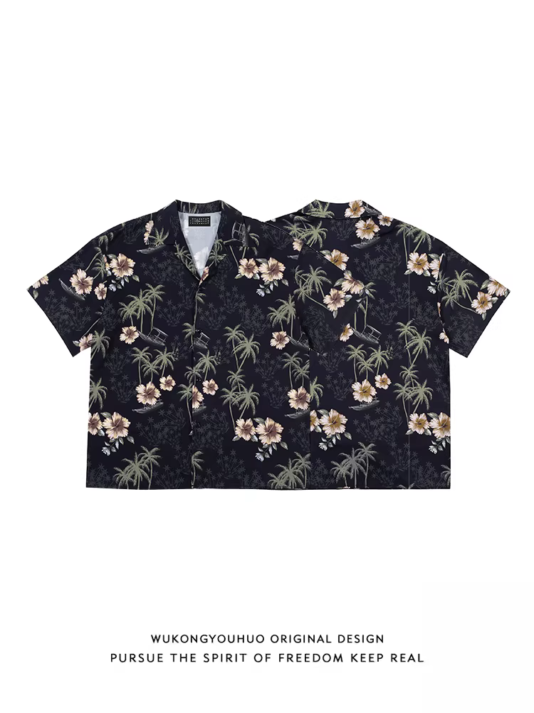 Wukong có sẵn áo sơ mi ngắn tay in hình cây dừa Hawaii dành cho nam, áo cặp đi biển rộng rãi hợp thời trang mùa hè.