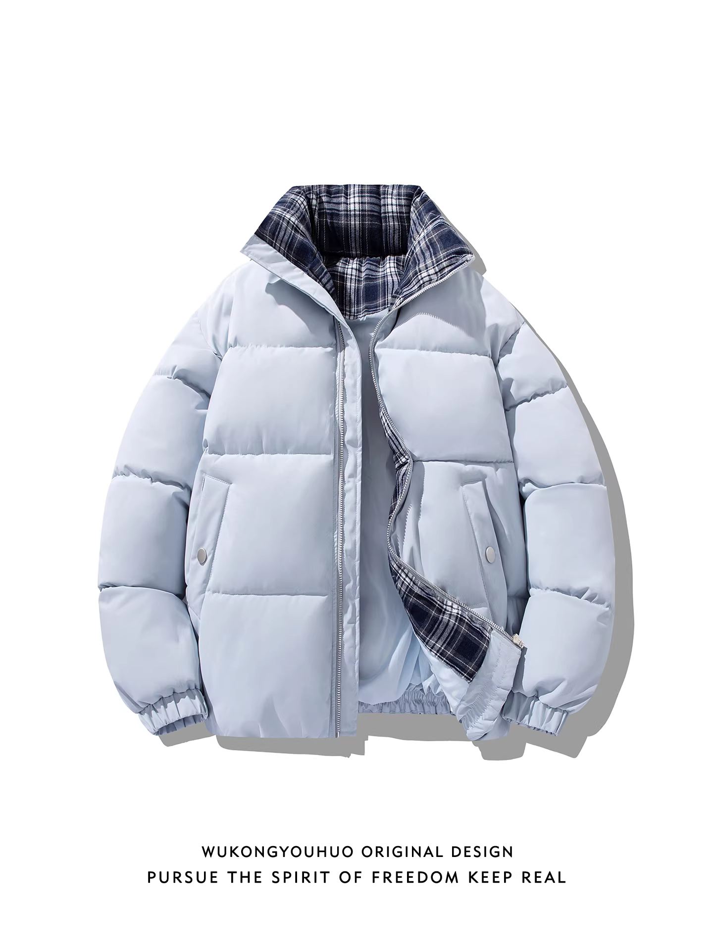 Wukong có sẵn áo khoác cotton dày dặn cổ đứng kẻ ca rô thời trang mùa đông dành cho nam và nữ, áo khoác cotton đa năng ấm áp phong cách retro dành cho cặp đôi.