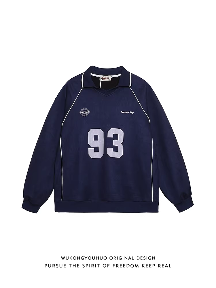 Wukong có sẵn áo thun cổ POLO in chữ theo phong cách Mỹ thời thượng dành cho nam, áo len chui đầu rộng rãi và đa năng dành cho cặp đôi mùa thu.