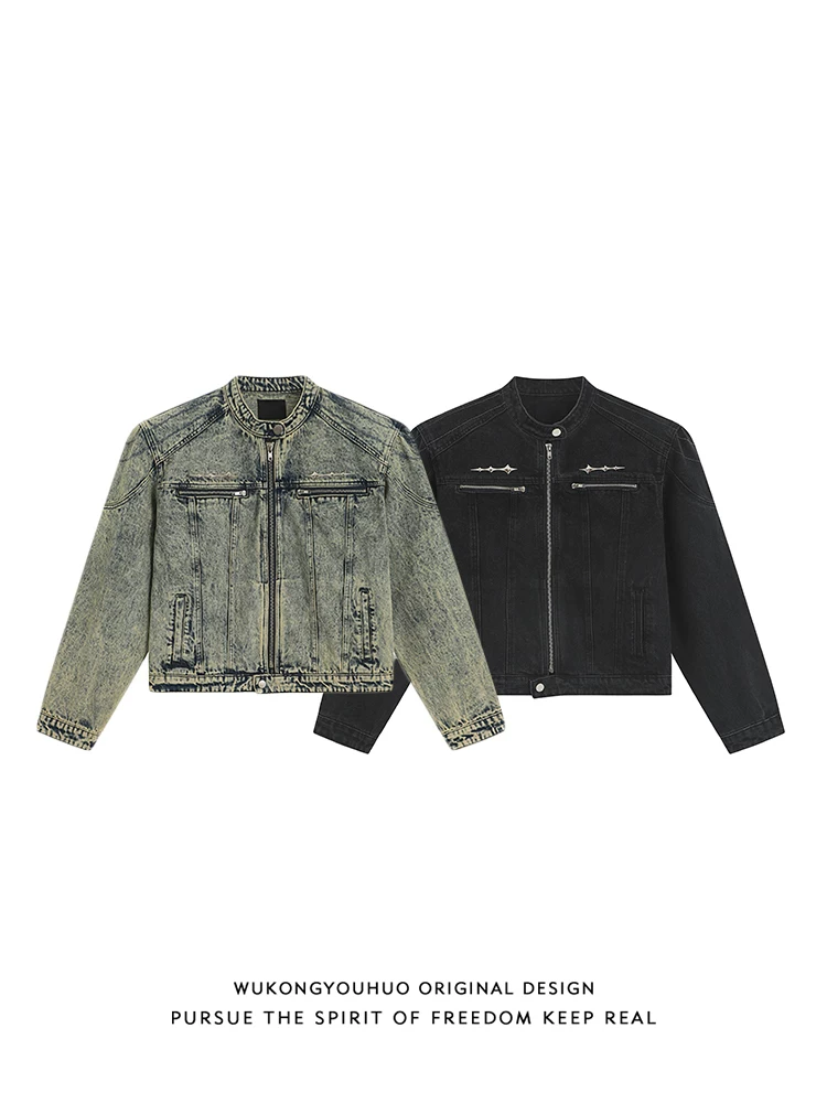 Wukong có sẵn áo khoác denim ngắn kiểu Mỹ đã qua xử lý, có đệm vai dành cho nam, áo khoác biker thời thượng phong cách đường phố, áo khoác thiết kế phá cách.