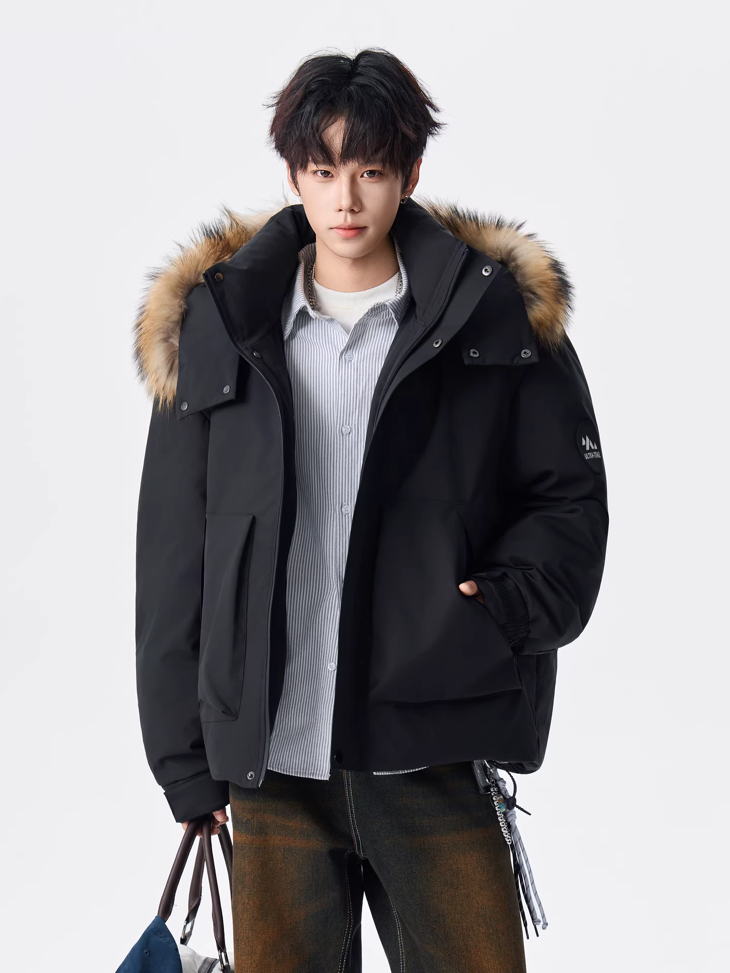 Áo khoác phao có mũ trùm đầu, cổ lông tháo rời mùa đông 2025 của Ngộ Không dành cho nam, áo parka giữ ấm và chống lạnh thời trang dành cho cặp đôi.