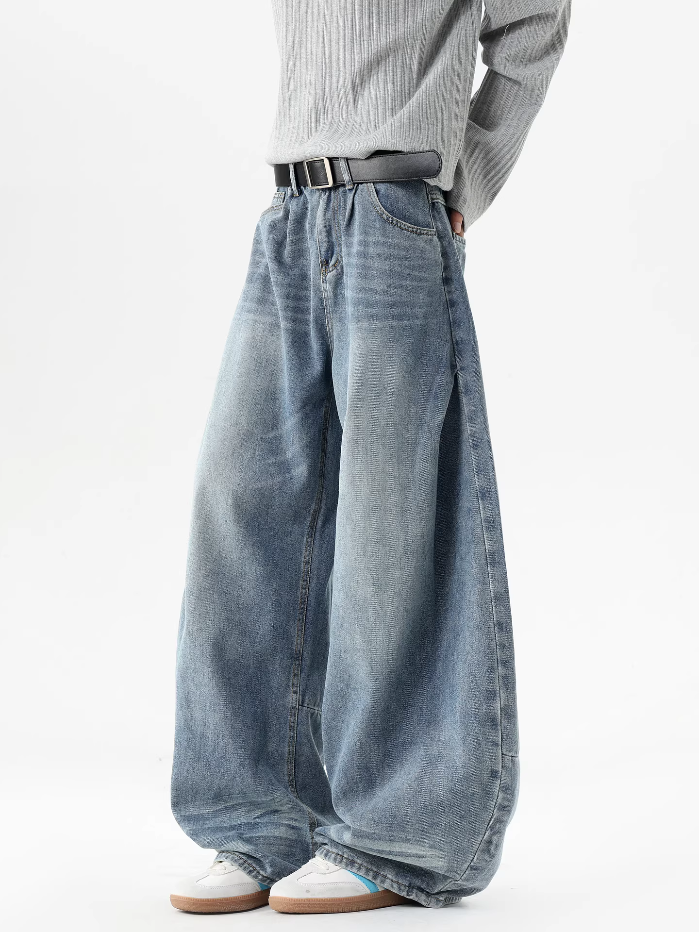 Ngộ Không có sẵn quần jeans kiểu Mỹ thời thượng, đã qua xử lý làm cũ và rách, dành cho nam, quần ống rộng dáng rộng, dài chấm đất, phong cách cổ điển.