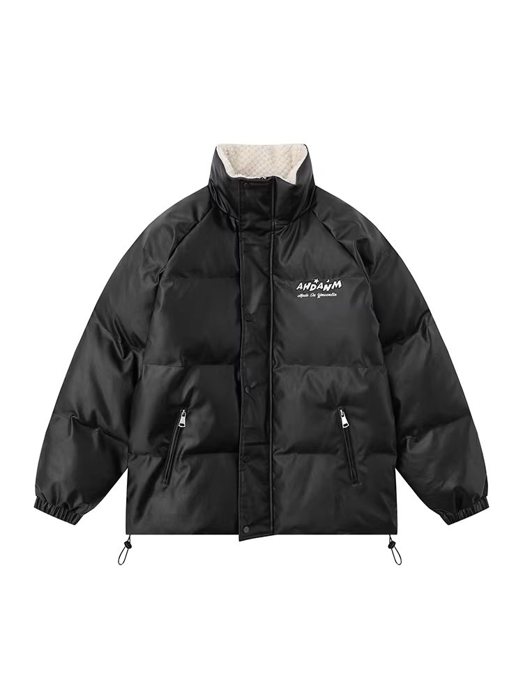 Wukong có sẵn áo khoác phao cặp đôi cổ đứng mùa đông chất liệu da PU, áo khoác cotton dày dặn chống gió kiểu dáng rộng rãi thời trang thương hiệu BF dành cho nam và nữ.