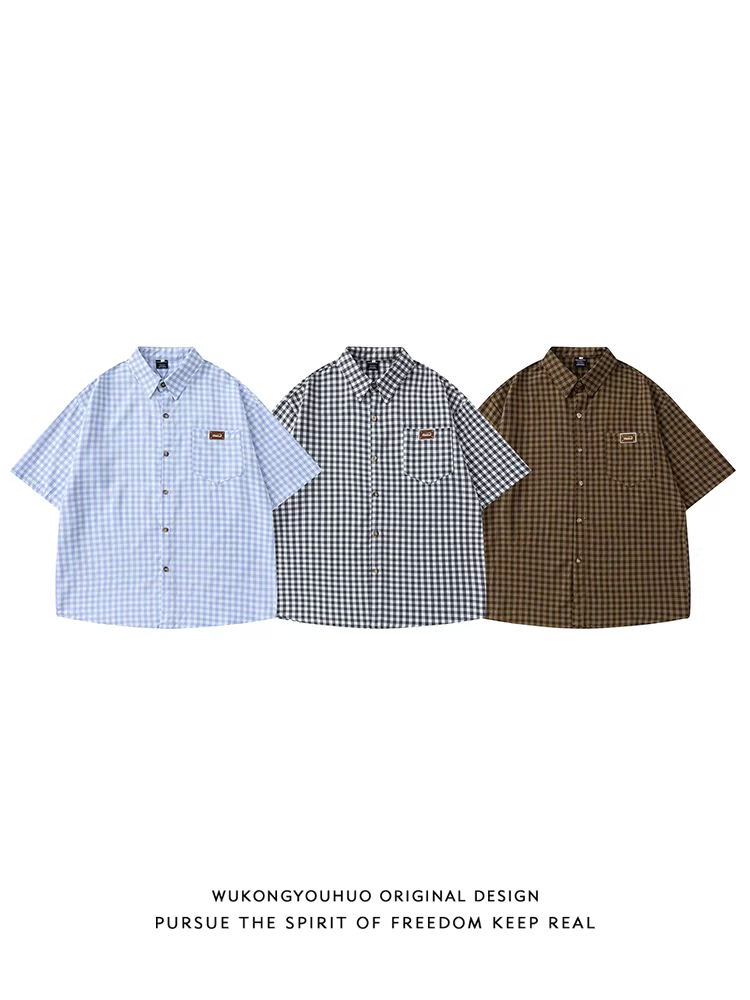 Wukong có sẵn áo sơ mi nam tay ngắn kẻ caro kiểu Nhật, dáng rộng, phong cách retro, đơn giản, đa năng, thoải mái cho mùa hè.